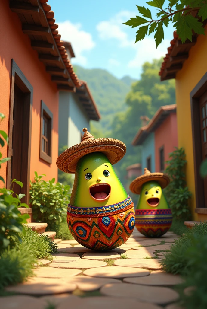 Animated avocados potaxes dressed as Colombia in their wooden houses 
