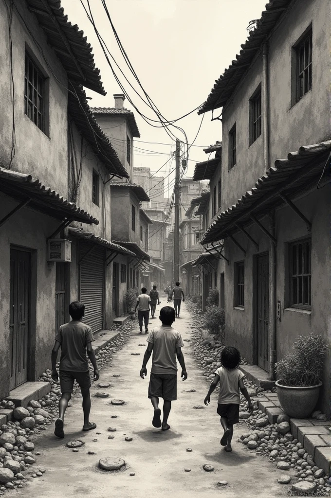 Produce a drawing that represents the Brazilian favela, highlight the social problems linked to the favela 