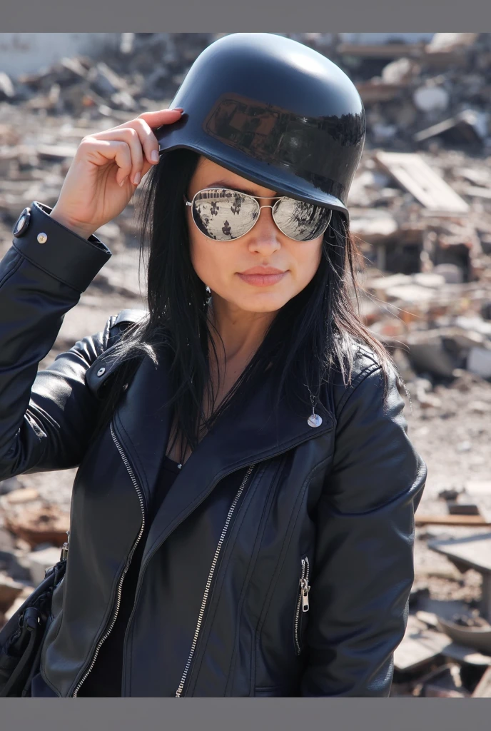 Caucasian old milf with grey hair and wearing black leather jacket, puts on a black steel helmet