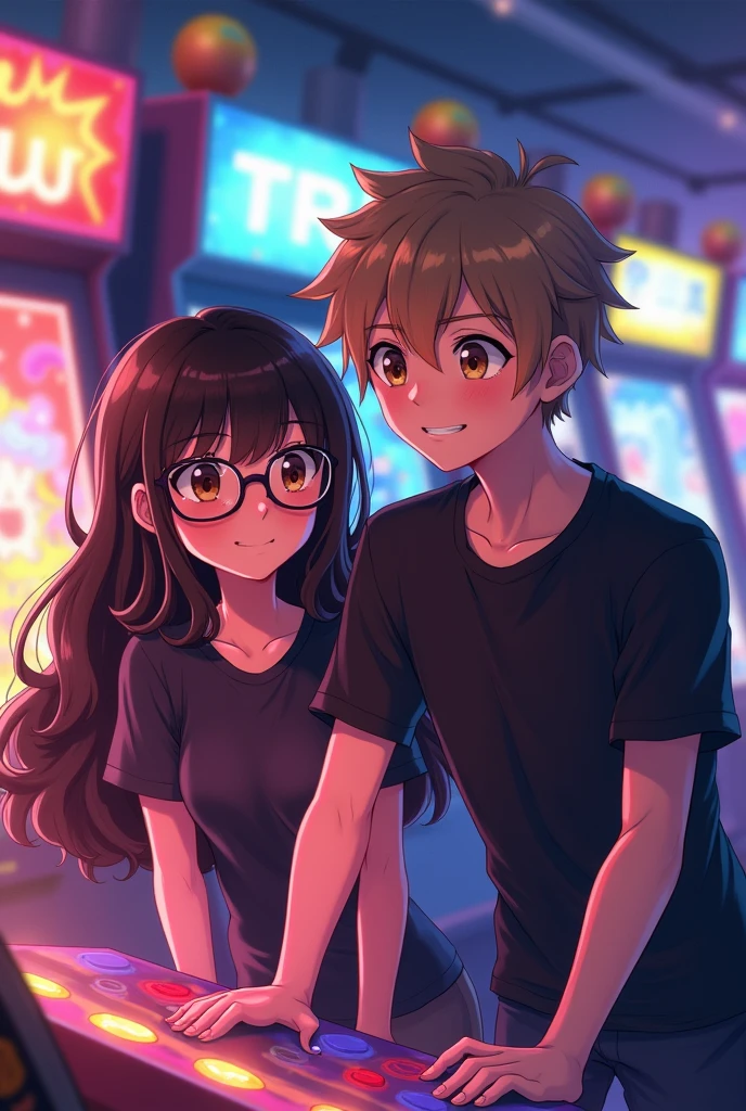 Two friends at an arcade,anime style,one girl with dark brown and curly long hair that wears glasses and one masculine boy with light brown hair,brown eyes and wears a tight black tshirt, playing a game