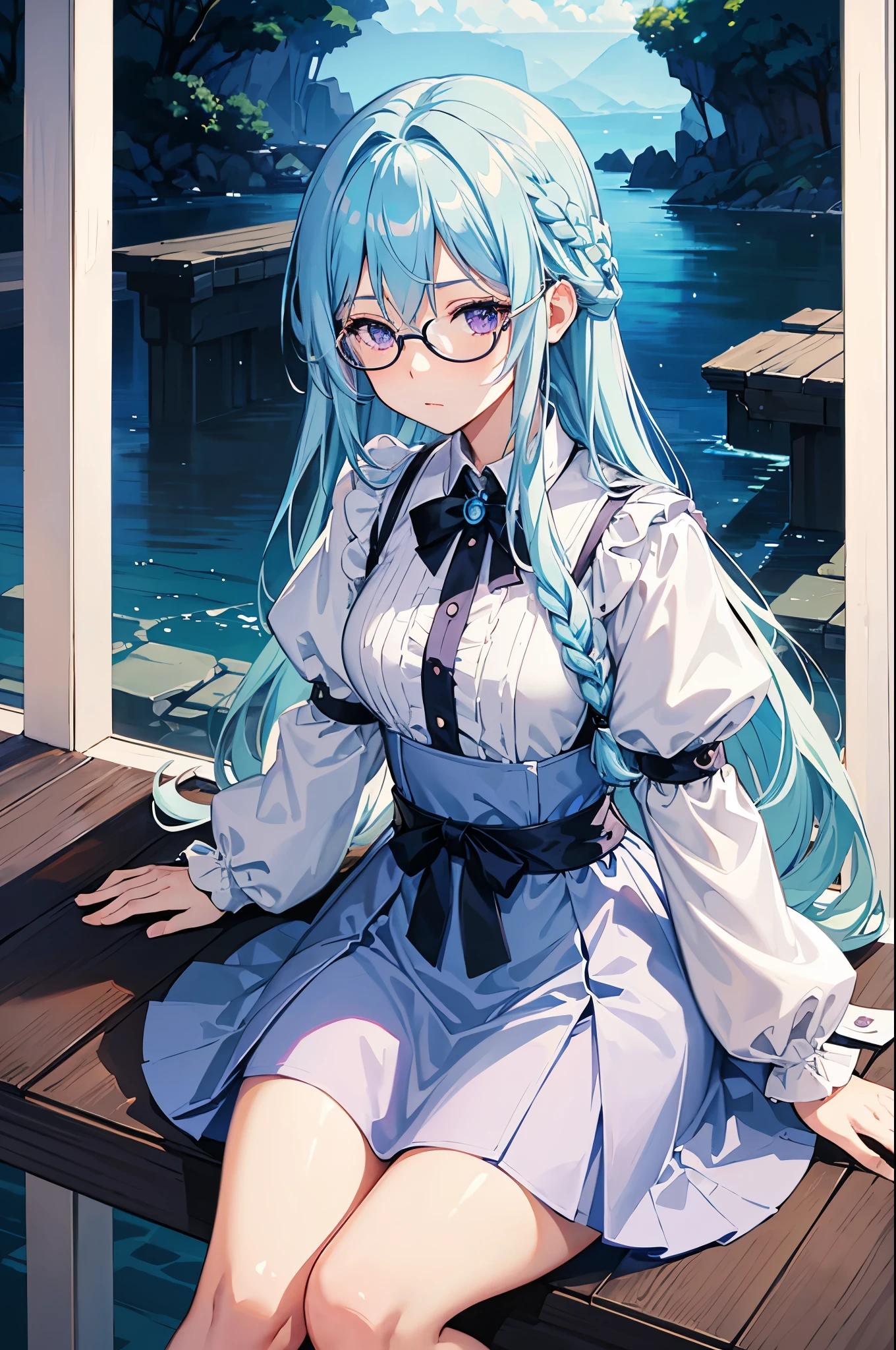 hd, Anime girl, clean and meticulous anime art, light blue hair, braided hair, beautiful anime art style, cute anime girl portrait, light purple eyes, lovely art style, Soft anime illustration, shy, long sleeved dress, thin waist, long hair, upper body, black rimmed glasses, sitting, leaning forward
