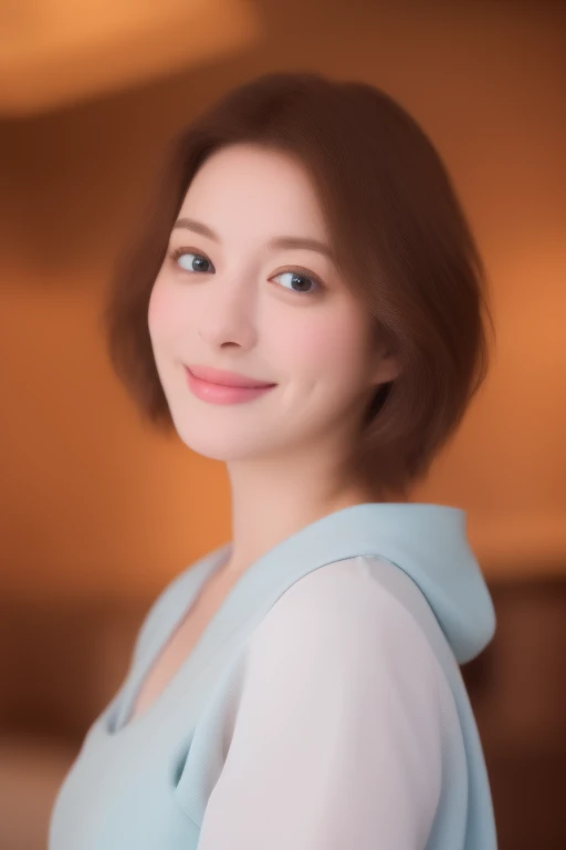 a Close-up portrait of gorgeous smiling cute Japanese woman in a glamorous blue dress outfit, delicate facial features, porcelain-skinned, ponytail, a fusion of young Marion Cotillard's striking eyes and young Anne Hathaway's introspective gaze, long and slender cute face, curved eyebrows, droopy hooded eyes, low nasal bridge, wavy nose, smiling, thin lips, short pixie cut hair, silhouette, bokeh, lobby bar lounge background,