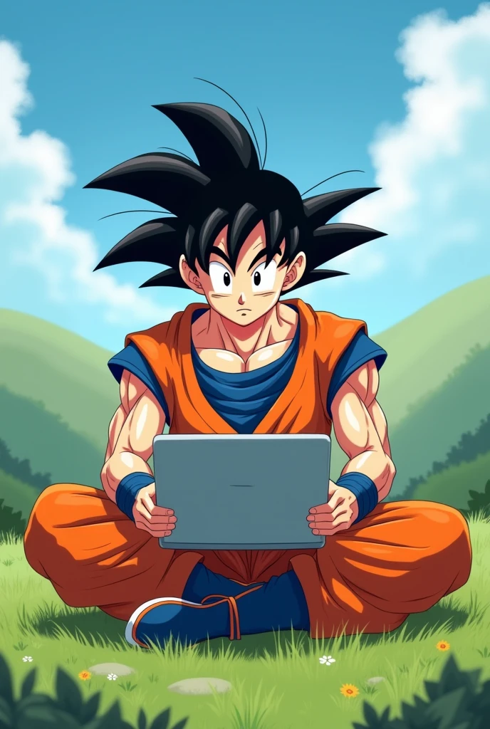 Goku using a laptop