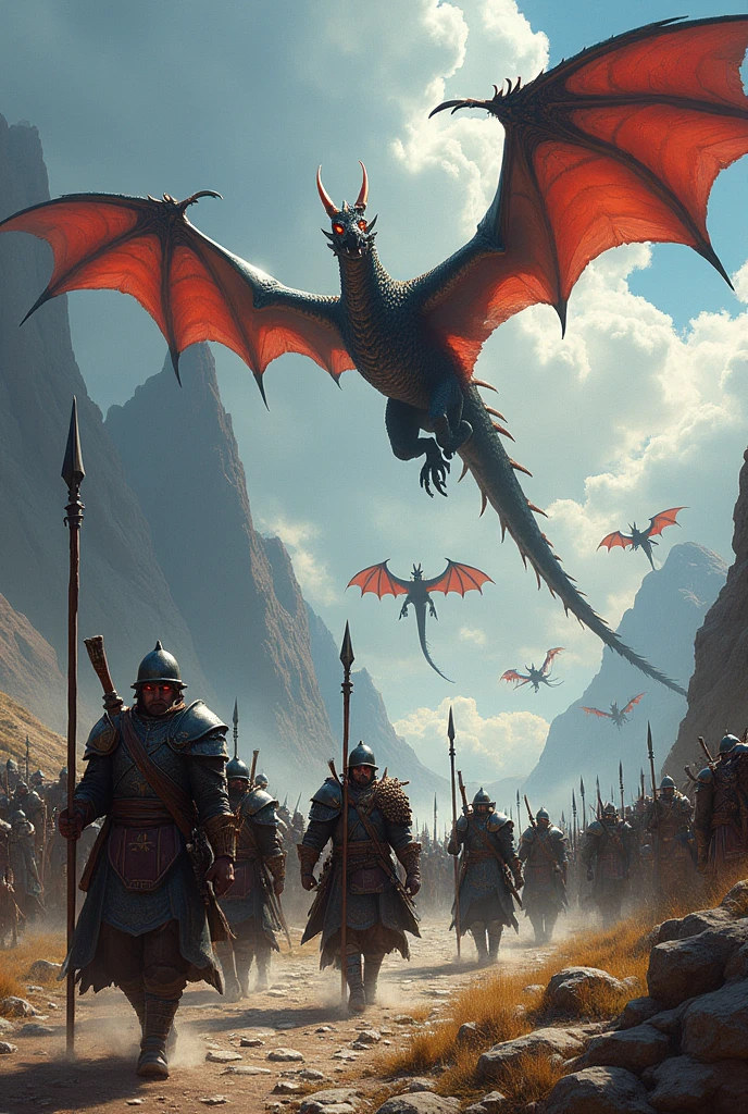 Flight of dragons, legion of warriors, in the style of boris vellejo