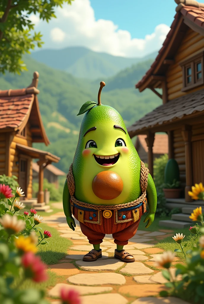 Animated avocados potaxes disguised as Colombia in their wooden houses 
