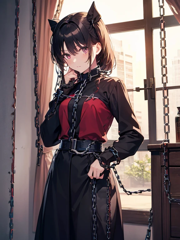 (Chains:1.5), Lock the curtains, Ninja, cute, Beauty, Tohsaka Rin, (masterpiece), highest quality, 1girl, uhd, retina, masterpiece, ccurate, anatomically correct, textured skin, super detail, high details, high quality, best quality, highres, 4K