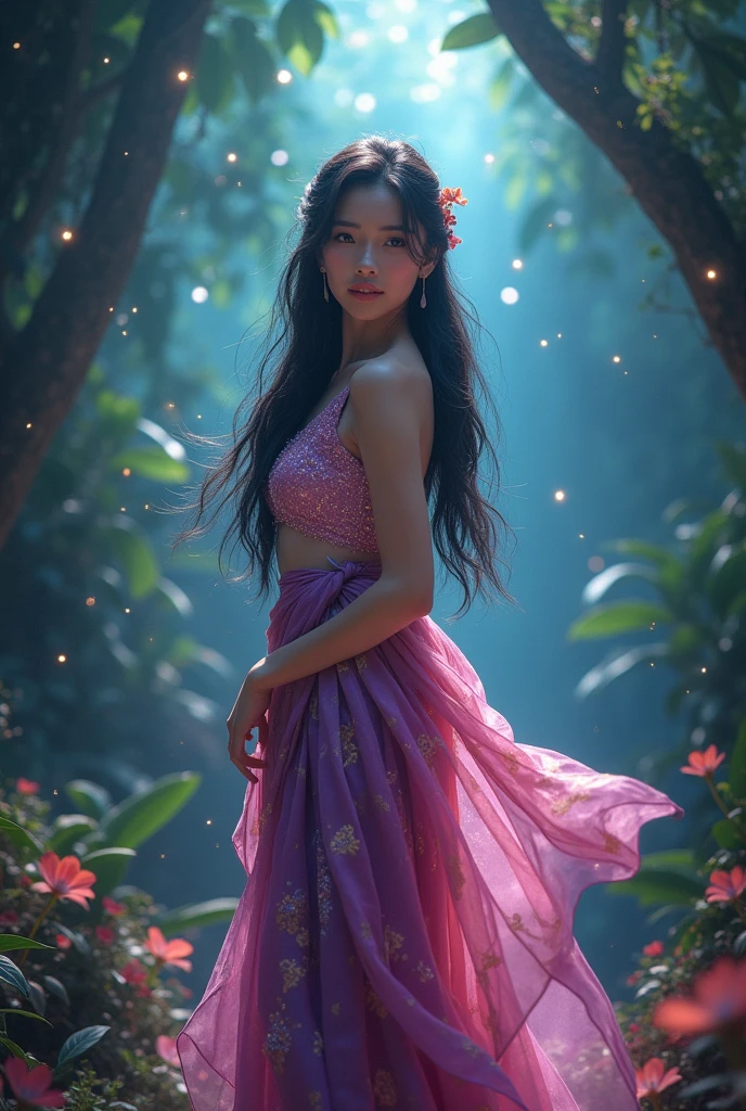 full lenght hiper 4k Think of it as a movie poster for In the Wind of Flowers. The full-body image has the main character as a beautiful young woman, wearing a sparkling pink Dusit Thai dress and a purple and gold sarong, with long black hair, tied loosely and pinned with a small hairpin floating in the back. Light from the stars, a beautiful realistic scene of a mysterious jungle, sparkling light. Three-dimensional image, oil painting, sharp image.
