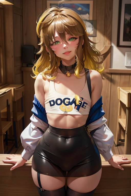 michella friends - nijisanji, anime styling, 1 , short brown hair, yellow inner hair, Wavy hair, greeneyes, tummy, girly face, seducer, fine lips, painted lips, shy smiling face, Broad Hips, thick-thighs, huge round ass, completely flat chest, protuberance, white shirt, black midi skirt, high thigh, garter, whole body, dynamic pose, desk, NSFW