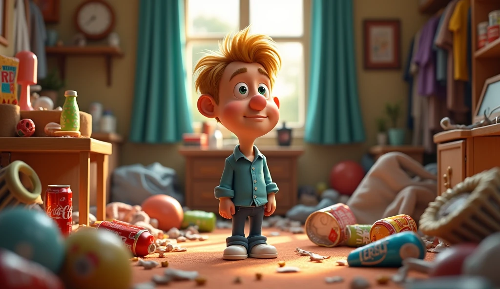 Im Stil von Pixar 3D-Animation filmen (Caricature). A messy room of a man with short blonde hair. There are clothes, Beverage cans, Leftover food and packaging waste.