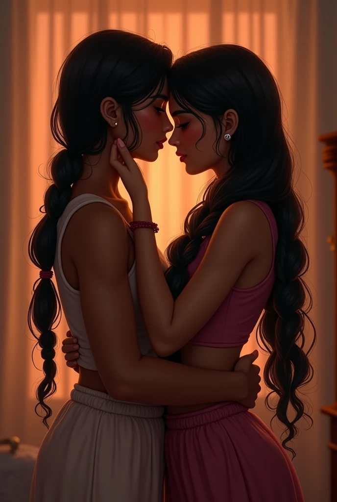 Create a image of a 2 indian girl in a room long black silky hair in braided style her 2 boyfriend kissing her neck from back