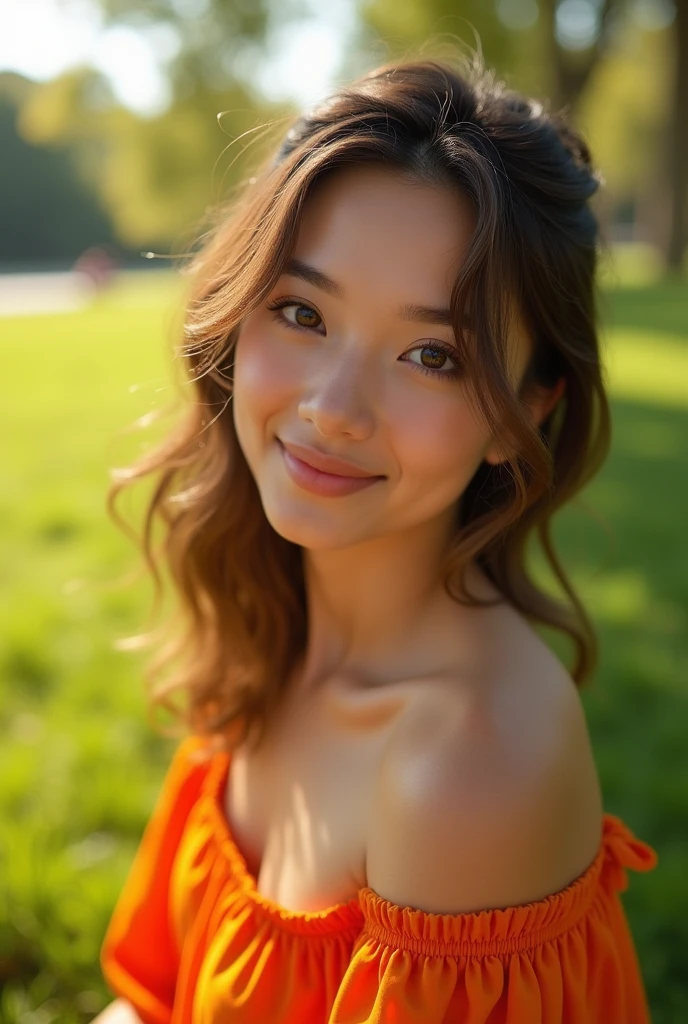 une femme, Au parc, journée ensoleillée, robe d&#39;été orange, BRUT, UHD, 8k, (fermer:1.1), tête, Visage très détaillé, des yeux magnifiques