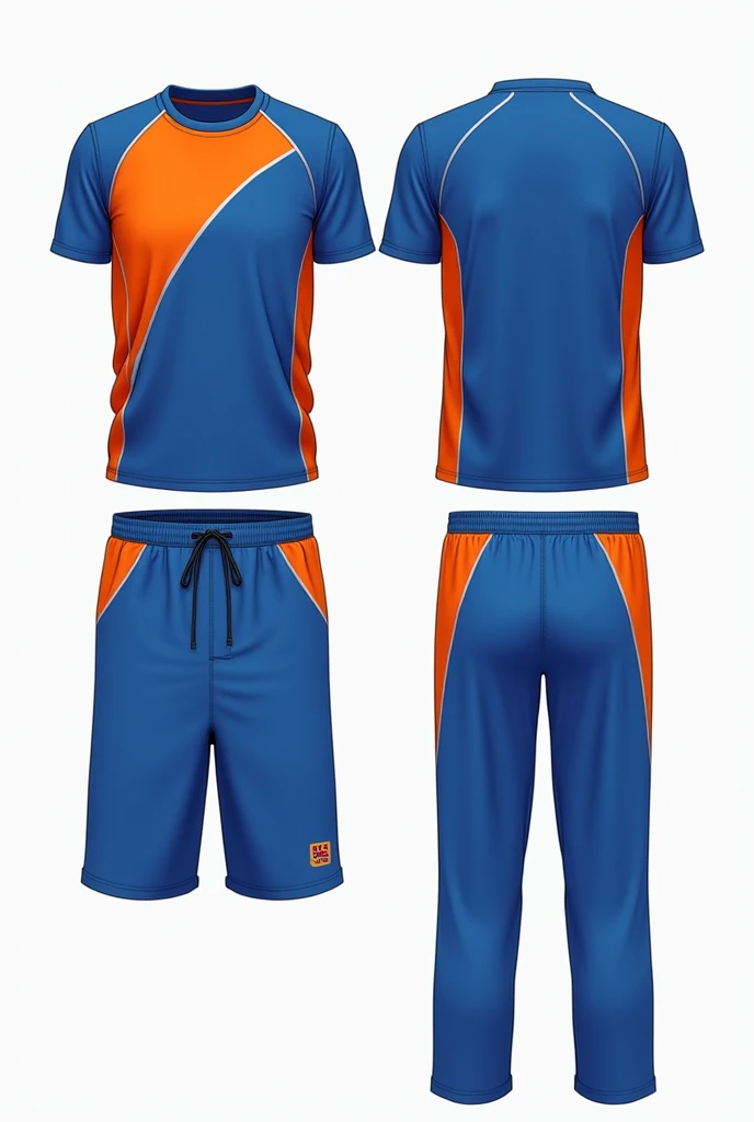 According to the models of primary school sports equipment for children, create a sports uniform with the colors blue and orange (Predominant color). Front and back view
