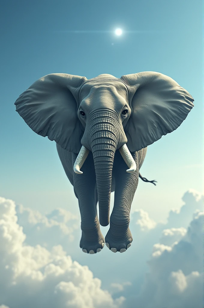 A flying elephant on open sky