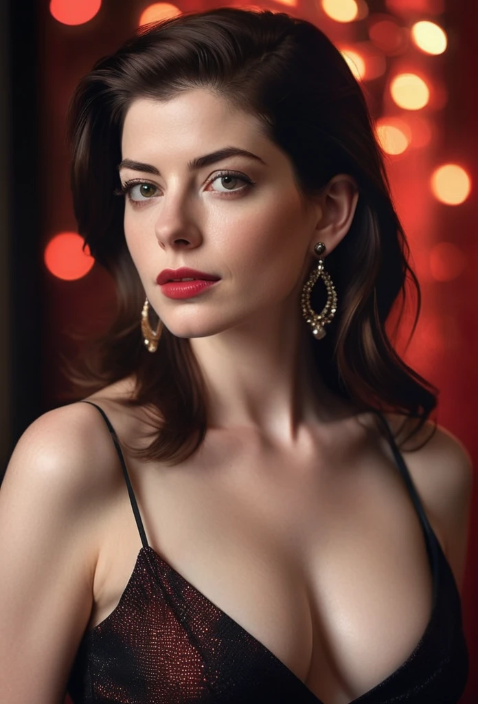 A sultry gaze from a ravishing woman Anne hathway in her 20s, surrounded by the subtle glow of cinematic lighting. She stands tall, shoulders back, in a sleek office outfit, her eyes locked onto something unseen. Her eyeliner is precise, painted lips a deep crimson, and earrings dangling seductively. The bokeh effect blurs the background, emphasizing her captivating presence. In stunning 8K perfect breast, black hair, plus size body, black t-shirt, deep neckline, (best quality,4k,8k,highres,masterpiece:1.2),ultra-detailed,(realistic,photorealistic,photo-realistic:1.37),HDR,UHD,studio lighting,ultra-fine painting,sharp focus,physically-based rendering,extreme detail description,professional,vivid colors,bokeh,portrait