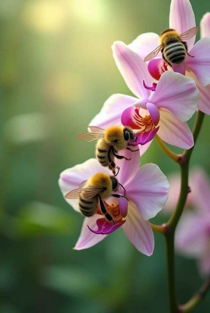 Image of solitary bees on orchid flowers 