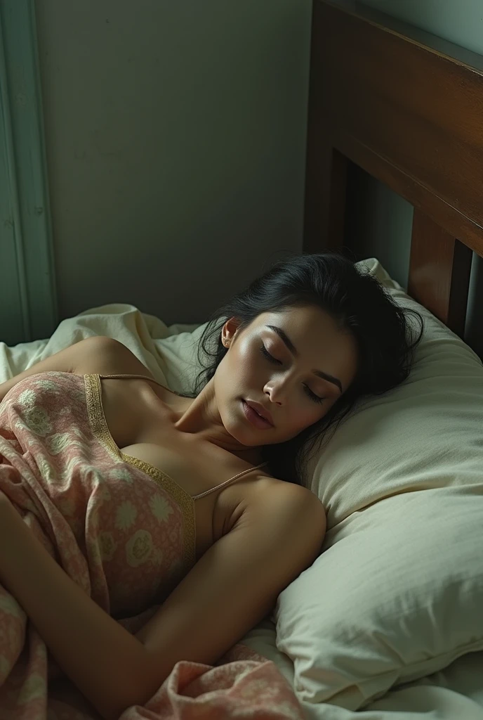 Kriti sanon in saree , no lose hair, pinned hair, room, low quality picture, poor quality, realistic, skin texture, bad quality picture, laying down on bed, sleep