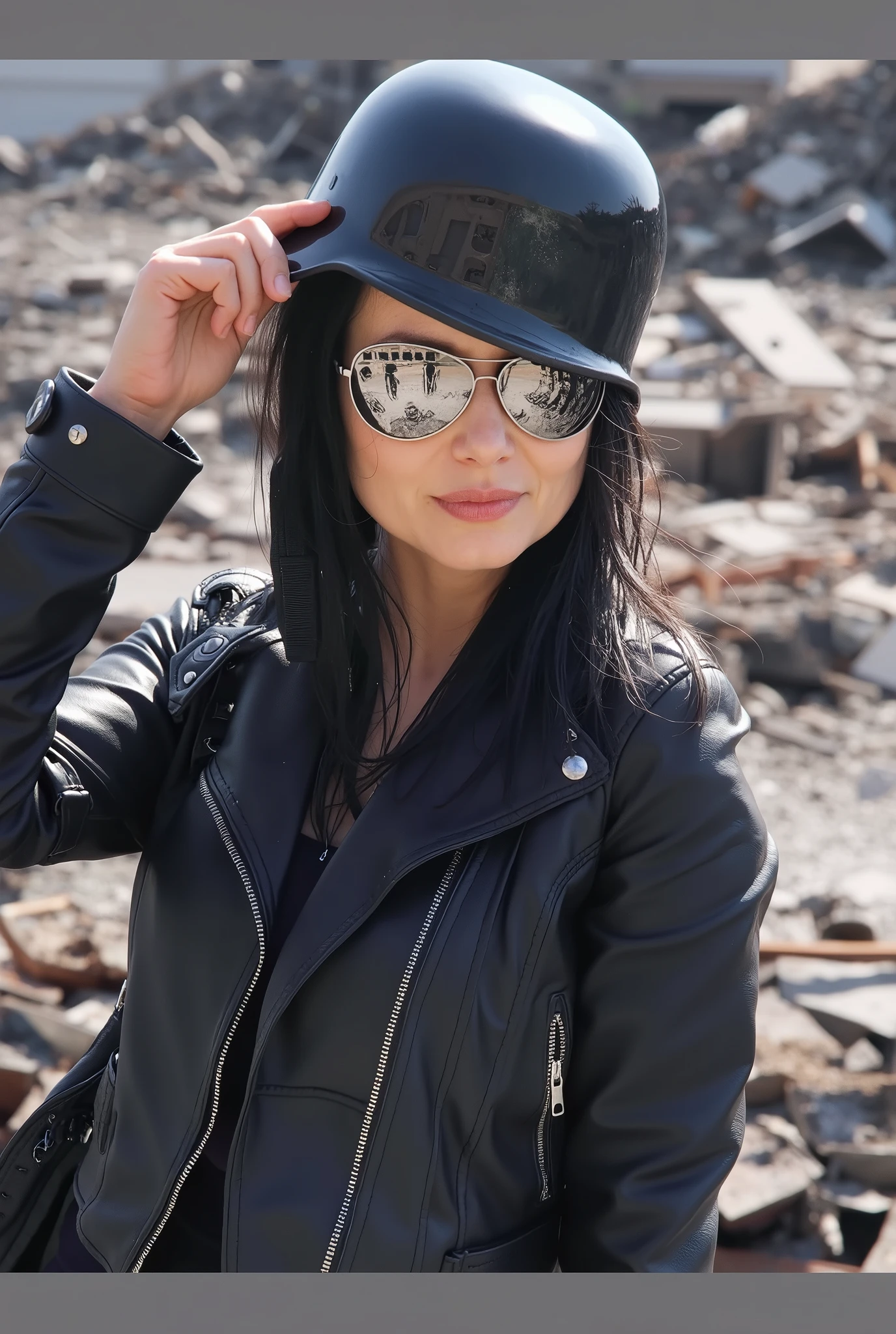 Caucasian old milf with grey hair and wearing black leather jacket, puts on a black steel helmet