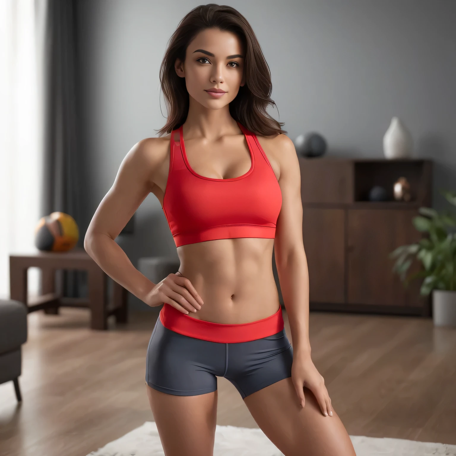arafed woman in a red sports bra top and gray shorts, sport bra and shorts, attractive sporty physique, model with attractive body, sport bra and shirt, sporty physique, fit woman, cropped red yoga short, fit body, fit girl, red sport clothing, wearing fitness gear, toned body, attractive body, fit curvy physique, sport bra and dark blue shorts