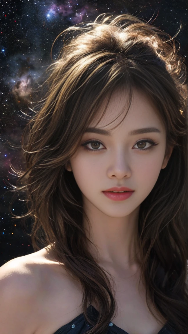 a girl in a dream galaxy, surrounded by stars, warm lighting on her, background of starry sky with colorful galaxies and nebulae, stars dancing around her, exquisite detailed face, whimsical atmosphere, (best quality,4k,8k,highres,masterpiece:1.2),ultra-detailed,(realistic,photorealistic,photo-realistic:1.37),HDR,UHD,studio lighting,ultra-fine painting,sharp focus,physically-based rendering,extreme detail description,professional,vivid colors,bokeh