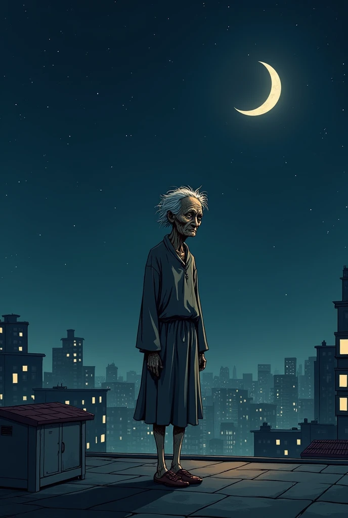 A thin old woman on a rooftop at night in a drawing ( a little less realistic and more like a cartoon)