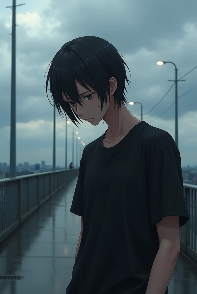 Boy with depression、Japanese、Long Hair、Black T-shirt、Look down、Real、Close-up、front、Strong-willed eyes、Pedestrian bridge、Cloudy、Highest quality、Masterpiece