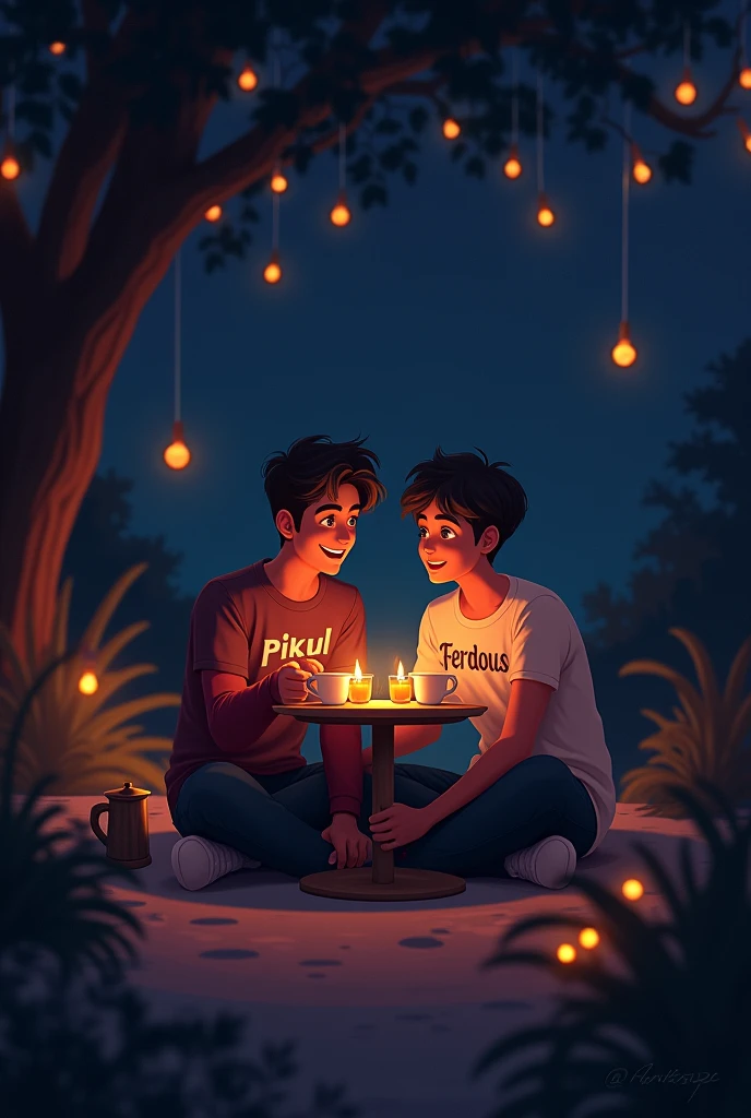 Pikul and Ferdous seating together and they are drinking tea in Night and Pikuls shirt name is Pikul and Ferdous shirt name is Ferdous. Pikul is male