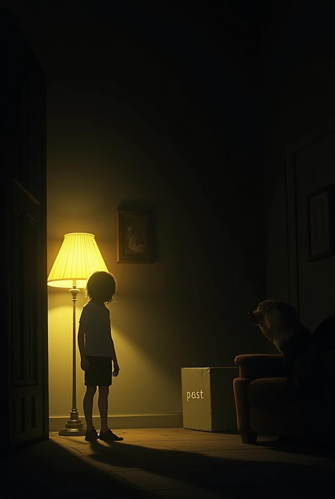 An image where there is a lamp that illuminates one part of a room and the other part of the room is dark, the person is in the light part and does not look back. , There is also a box that says past in the dark part of the room. The room is almost empty but the lamp has a yellow light. 