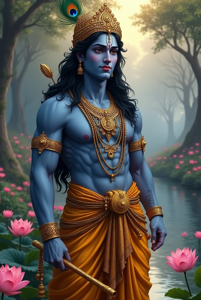 **Prompt:** "Create an image of Lord Krishna as a mature and handsome man, exuding wisdom and grace. His skin should have a deep, radiant blue hue, and his facial features should reflect maturity with a strong jawline, defined cheekbones, and kind, compassionate eyes. His hair should be long, wavy, and black, with streaks of silver to signify wisdom, adorned with a golden crown featuring peacock feathers. Krishna should wear a richly detailed golden dhoti and luxurious jewelry, including necklaces, armlets, and rings. He holds a flute elegantly in one hand, a symbol of his eternal love and divine music. The background should be a serene, twilight scene in Vrindavan, with the Yamuna River flowing gently, surrounded by blooming lotuses and ancient trees. The atmosphere should be both peaceful and majestic, capturing the timeless and mature beauty of Krishna."