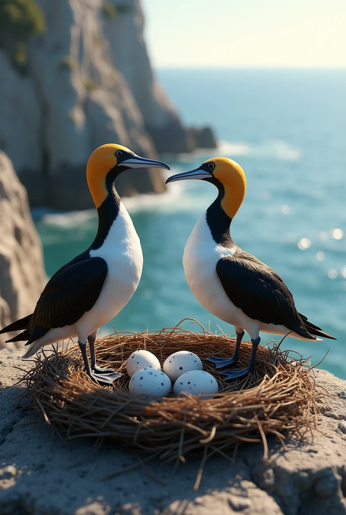 2 gannets on a cliff with a nest with 3 eggs