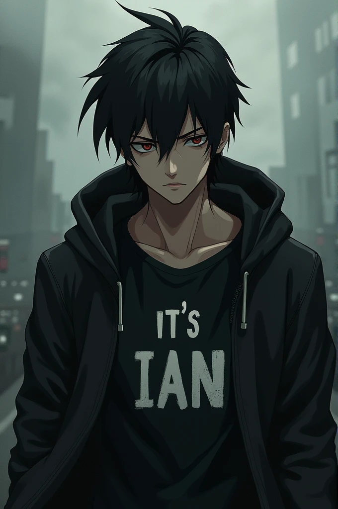 Dark anime character with the letters "It's ian" on the t-shirt