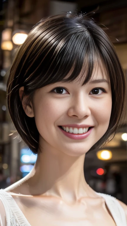 Cute 2,1 person,Slim face ,8k,Super Realistic image quality,Dynamic Shadows,Sparkling eyes,Clear black eyes,Cinema Lighting,Dark back alley,night,Darkness of the city,suit, ((face close up:1.5)),((A smile showing white teeth)),((short hair)),((Very short bangs)),close, 8k, RAW Photos, Highest quality, masterpiece,Realistic, photo-Realistic,