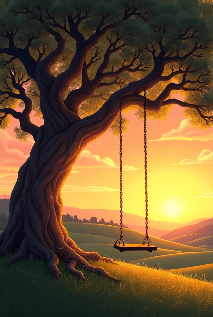 a sunset scene  having a bushed tree at the corner with a swing
