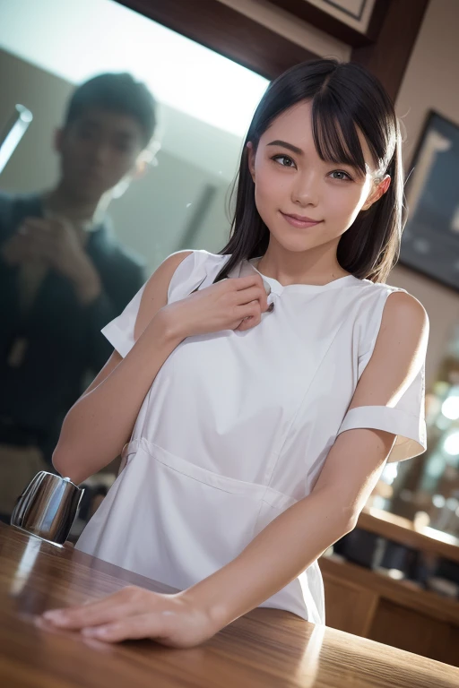 (8k, RAW photo, best quality, masterpiece), (photorealistic), outstanding details, ultra-high resolution, anatomically correct, textured skin, (Extremely precise and accurate anatomy),
Ultra Detailed Face, Detailed Eyes,
1 Girl, (barista) , ( barista uniform) , forehead, (pulled back hair) ,
(Cute Japanese girl , 1 ), light smile,
cinematic lighting in the hair, hair light, wind in the hair,
(open cafe),
(backlighting),
(reflection light from below:1.4),
atmospheric perspective, depth of field,
(dramatic lighting), cinematic lighting,