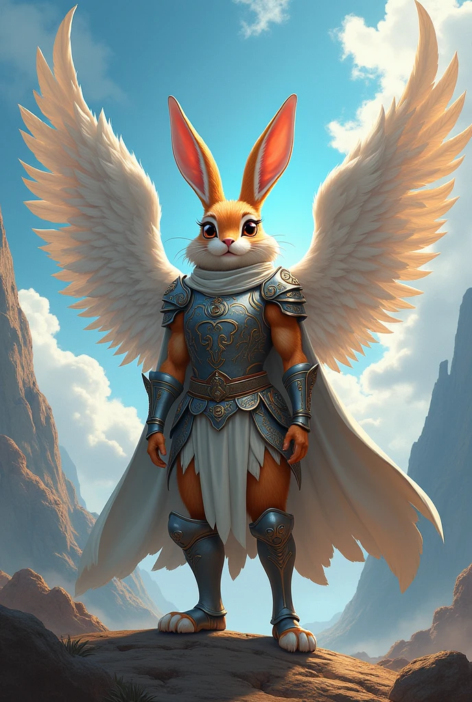 A warrior bunny with anime-style angel wings
