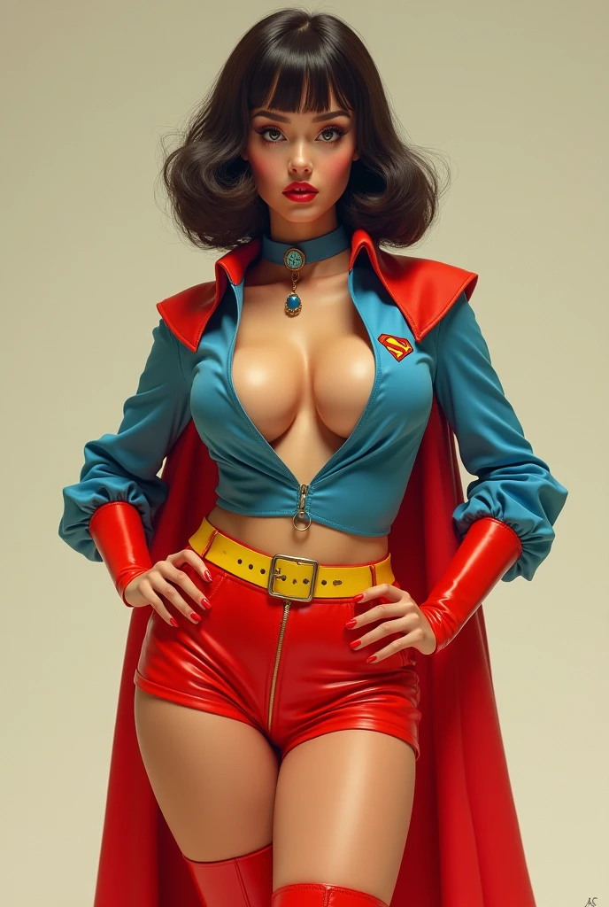 A SEXY BUSTY TEEN FEMALE WEARING A 1970 BLUE OPEN V BUTTONLESS PLEASANT BLOUSE WITH A SMALL "S"EMBLEM ON THE RIGHT SIDE OF HER CHEST, A PAIR OF RED SHORTS WITH A YELLOW BELT, TALL RED HEELED BOOTS, A BLUE CHOKER, AND A LONG FLOWING RED CAPE.