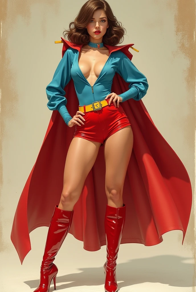 A SEXY BUSTY FEMALE WEARING A 1970 BLUE OPEN V BUTTONLESS PLEASANT BLOUSE WITH A SMALL "S"EMBLEM ON THE RIGHT SIDE OF HER CHEST, A PAIR OF RED SHORTS WITH A YELLOW BELT, TALL RED HEELED BOOTS, A BLUE CHOKER, AND A LONG FLOWING RED CAPE.