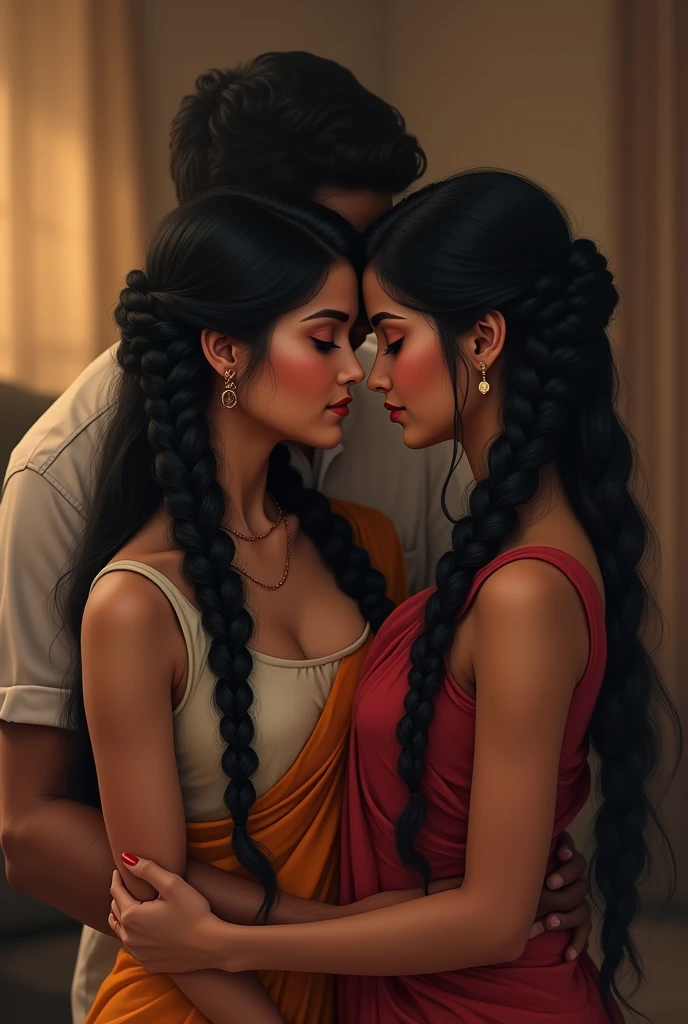 Create a image of a 2 indian girl in a room long black silky hair in braided style her 2 couple kissing her neck from back