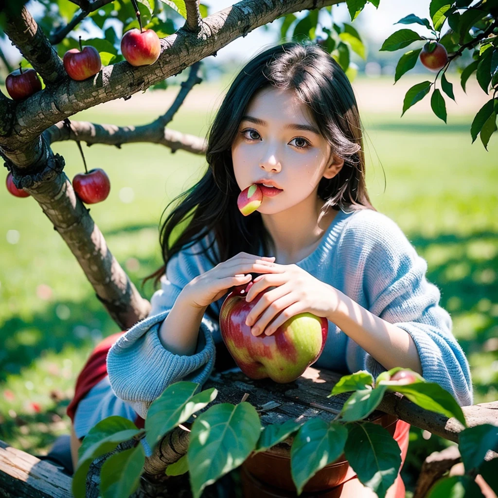 a beautiful young  girl eating Apple on his apple tree, 8k ultra HD, masterpiece, all time best seaart AI photo, 8k ultra HD 