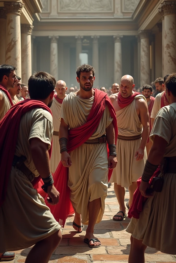 Create a historically accurate and dramatic depiction of the assassination of Julius Caesar, highlighting the involvement of Roman senators Cassius and Brutus.
Visual Elements:
Setting: The scene is set inside the Senate House (Curia of Pompey) in Rome. Capture the architectural details typical of Roman Senate buildings, such as ornate marble columns, a grand and spacious interior, and classical Roman decor.
Julius Caesar: Show Caesar in his Roman toga, looking shocked and betrayed. He should be in a position that reflects his vulnerability, such as attempting to shield himself or reaching out defensively.
Cassius and Brutus: Illustrate Cassius and Brutus leading the attack on Caesar. Cassius should have a determined, almost grim expression, while Brutus should appear conflicted but resolute. Both should be dressed in traditional Roman attire, including tunics and togas.
Other Assassins: Include additional senators participating in the attack, each wielding daggers. Their expressions should reflect a mix of fear, resolve, and turmoil.
Dramatic Lighting: Use high-contrast lighting to highlight the central figures and emphasize the chaotic nature of the scene. Shadows should accentuate the dramatic and violent elements.
Emotional Tone: The image should convey a sense of betrayal and intensity, capturing the pivotal moment of the assassination with dynamic and expressive poses.