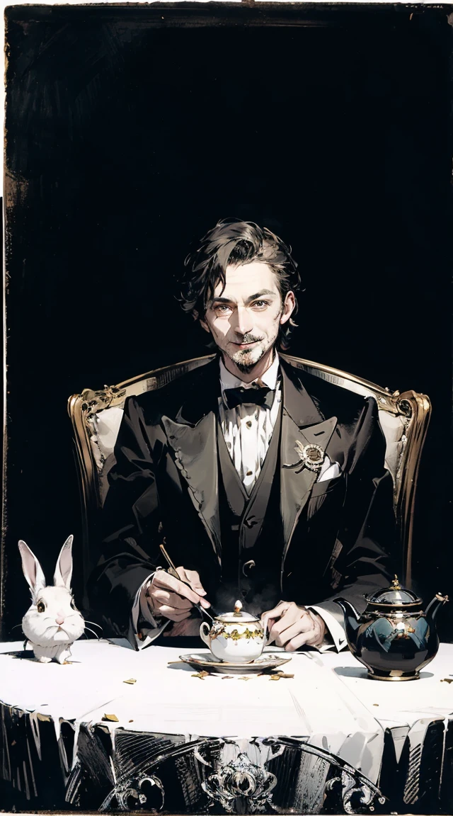 (stuffed rabbit:1.5), solo, (no humans:1.2), (monocle), (top hat), (((🎩))), (tuxedo), (sitting:1.2), (chair), (round table), tablecloth, black tea, teacup, teapot, tea, fruit, cookie, basket, bird, flower, ivy, smile, smiley face, looking at viewer, (horror (theme)), blood on face, (dark background:1.2), pocket watch, (masterpiece), (best quality), (ultra-detailed), (hires), (illustration), AddXL, novuschroma21, novuschroma21 style
