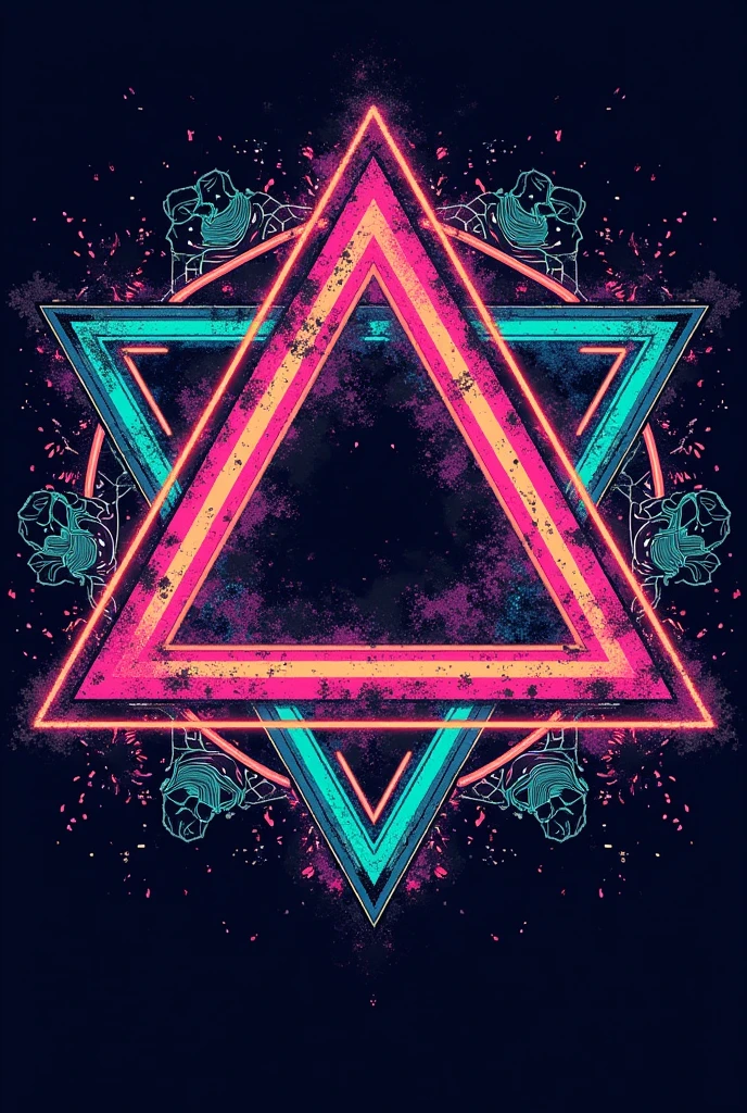 "A vintage t-shirt featuring a neon triangle graphic with geometric patterns. The design uses a combination of bright neon colors and a distressed texture for a worn-out 80s look."