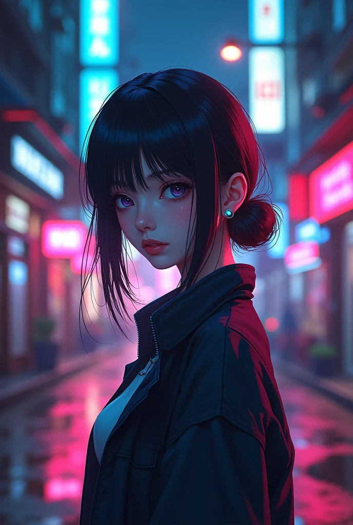 il y a une femme debout au bord de la rue, art cyberpunk par Yang J, tendance sur artstation, le réalisme, oeuvre d'art dans le style de guweiz, Style animé. 8k, guweiz, style anime 3D réaliste, tendance sur cgstation, 🤤 portrait de fille, style cyberpunk hyper réaliste, Style animé mixed with fujifilm, fille cyberpunk rêveuse