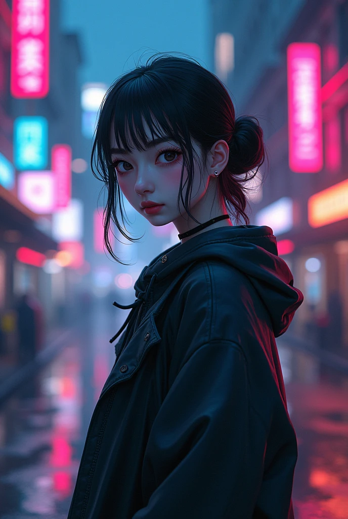 il y a une femme debout au bord de la rue, art cyberpunk par Yang J, tendance sur artstation, le réalisme, oeuvre d&#39;art dans le style de guweiz, Style animé. 8k, guweiz, style anime 3D réaliste, tendance sur cgstation, 🤤 portrait de fille, style cyberpunk hyper réaliste, Style animé mixed with fujifilm, fille cyberpunk rêveuse