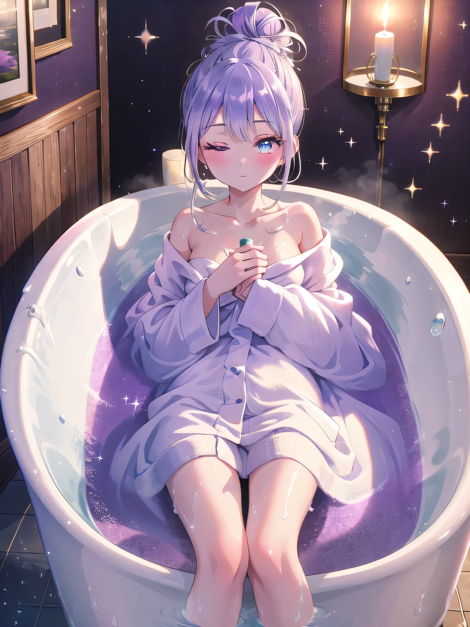 ((8k, Highest quality, masterpiece: 1.3)),Ultra-high resolution,(1 girl, alone), (Color changing eyes, Ultra-detailed, Expressive brilliance, Glitter, Glowing Eyes), Highly detailed eyes, Highly detailed face, Random Hair, ((pastel colour))The girl is relaxing in a large, clawfoot bathtub filled with bubbles, her eyes closed in contentment. She’s wearing a simple, white bathrobe that’s draped over the side of the tub, and her hair is tied up in a loose bun. The bathroom is dimly lit by a few candles, creating a calm and soothing ambiance. The sound of water gently sloshing as she shifts position and the soft scent of lavender fills the air, adding to the relaxing atmosphere. Her expression is peaceful and serene as she enjoys the warm water and the quiet moment to herself. (dim lighting, bathrobe, peaceful expression, bath scene)
