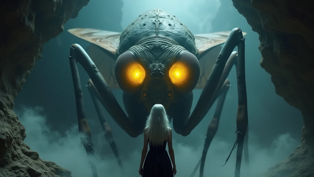 An ultra-realistic and highly detailed image of the head of a huge Mosquito. Only your head is framed in the image. It has bright yellow eyes and hard, dark scales.. The mesquite is resting in a cave. In front of you, a man stands with his back to the camera, her distinctive silver hair and a black dress with visible silver details. There's a mist in the air. Her face is not shown. The scene is captured with a Sony A7R IV paired with a 135mm f/2.5 GM lens./1.8, ensuring stunning clarity and rich detail. the lighting is dramatic, with the dragon&#39;s eyes and the mist providing a soft glow. The aspect ratio is 16:9, emphasizing the vertical composition 