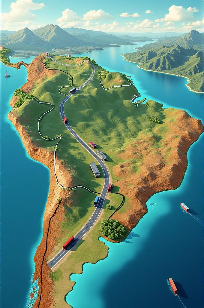 Map of South America with Paraguay reaching the sea by a highway, trucks and cargo