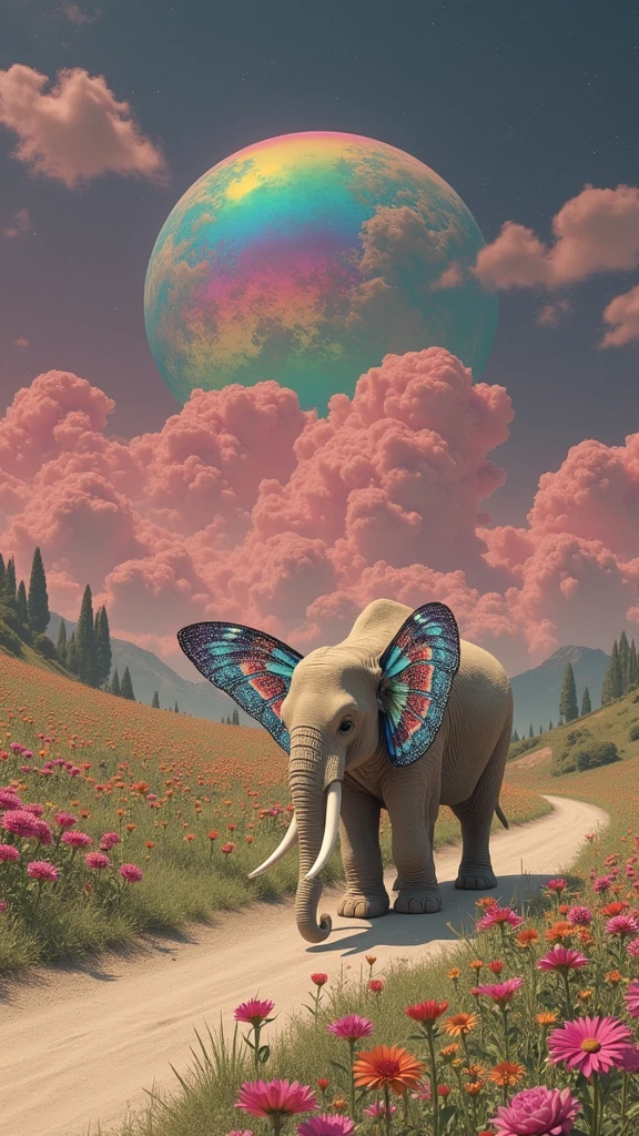 Surrealism,retro tone,An elephant with two ears that are butterfly wings walks along a road full of flowers,Go into the distance,There are pink cotton candy clouds in the sky,In the distance is a huge rainbow-colored planet