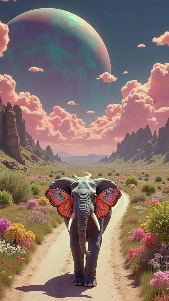 Surrealism，retro tone，An elephant with two ears that are butterfly wings walks along a road full of flowers，Go into the distance，There are pink cotton candy clouds in the sky，In the distance is a huge rainbow-colored planet