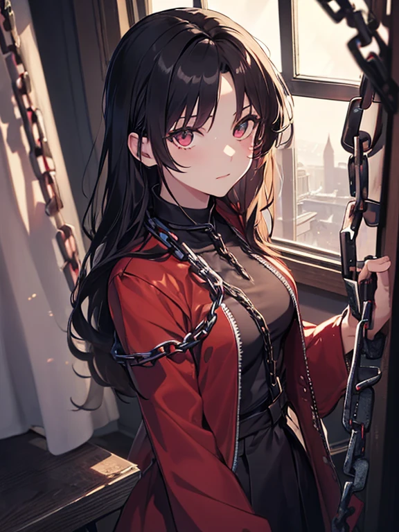 (Chains:1.5), Lock the curtains, Ninja, cute, Beauty, Tohsaka Rin, (masterpiece), highest quality, 1girl, uhd, retina, masterpiece, ccurate, anatomically correct, textured skin, super detail, high details, high quality, best quality, highres, 4K