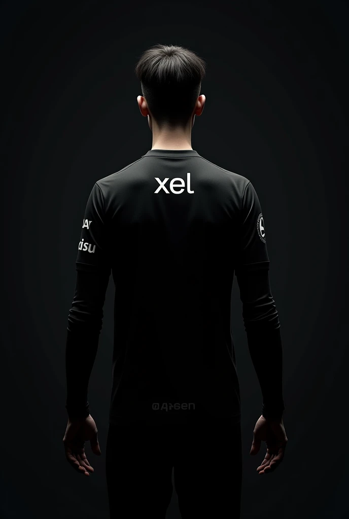 a very  close back shot of a skinny guy without head wearing a black eSports jersey with long sleeves with sponsorships and with "XEL" written on the back with black background and a side pose